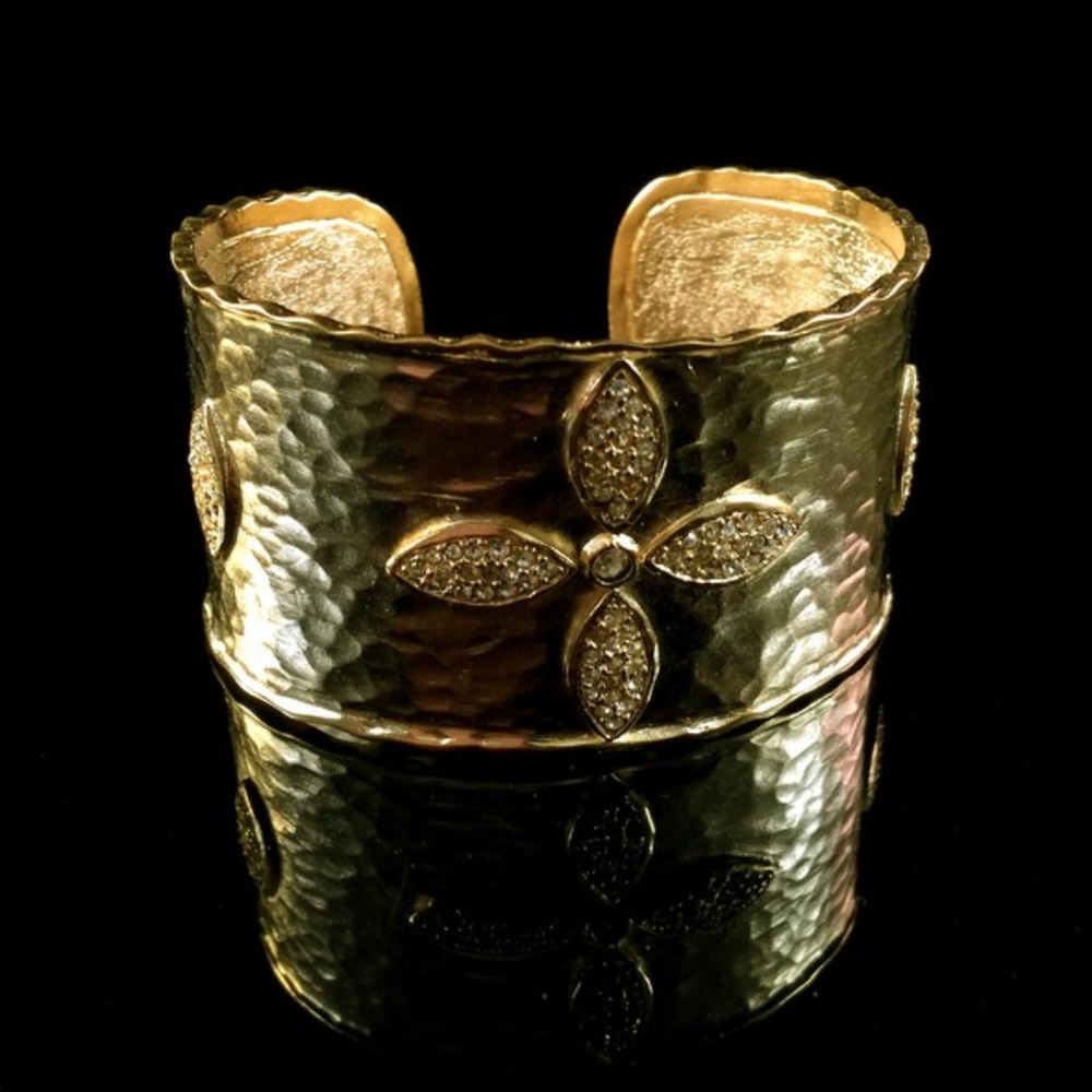 New 14k Gold Plated Hammered CZ Cross Design Cuff